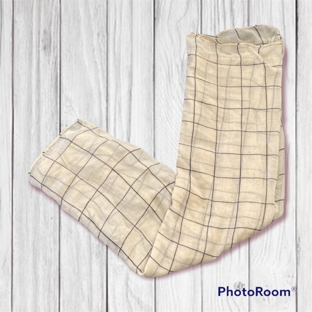 Rachel Pally Cream Scarf with Grey Grid Lightweight Large Scarf Shawl Wrap